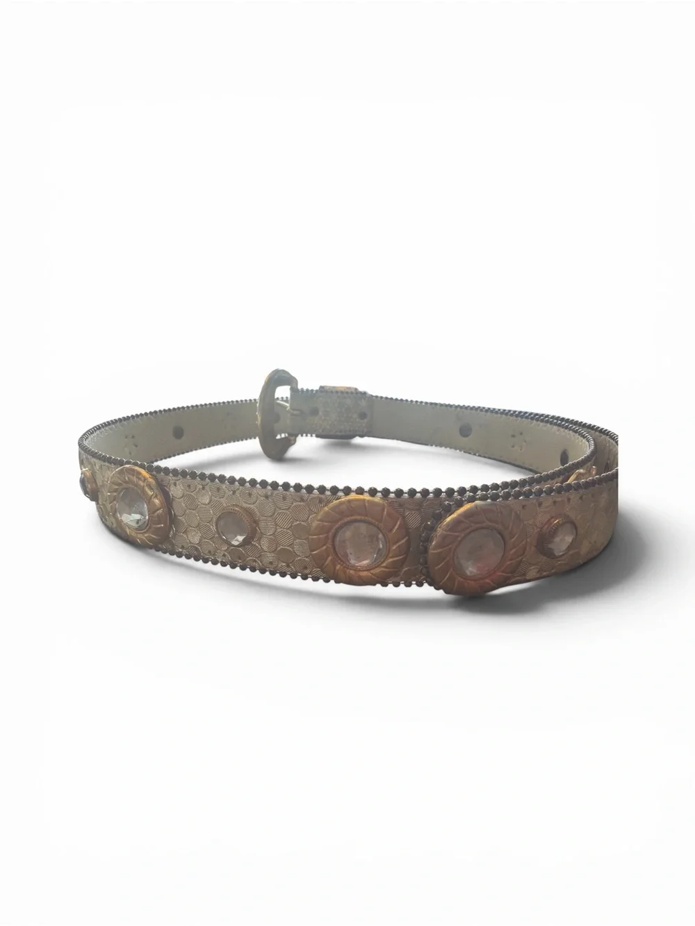 Embellished Women’s Leather Retro Belt with Gem Accents - Gold & Cream Size M/L